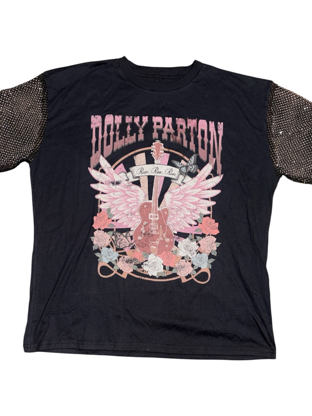 Dolly Parton Oversized T-Shirt – Rhinestone Mesh Sleeve – Size Medium